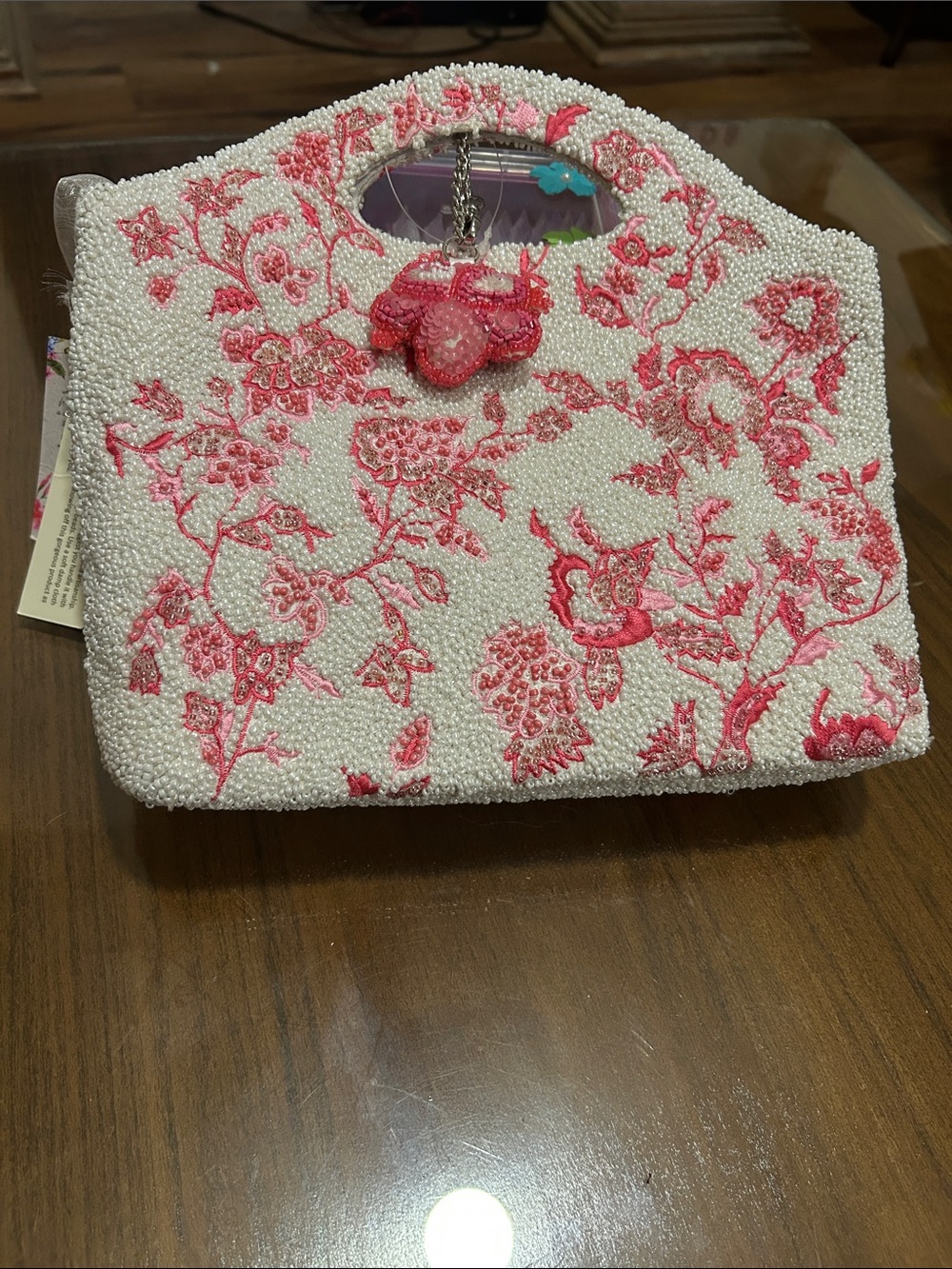 White Beaded Clutch with Pink Floral Embroidery